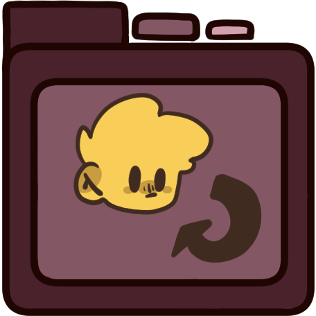  a red file folder with a yellow person on it, the person has wings instead of ears and an arrow curves to point from them to them.